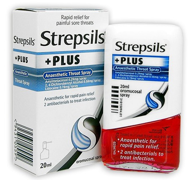 Стрепсилс Плюс - аэрозоль, содержит масла мяты и аниса, лидокаин, левоментол